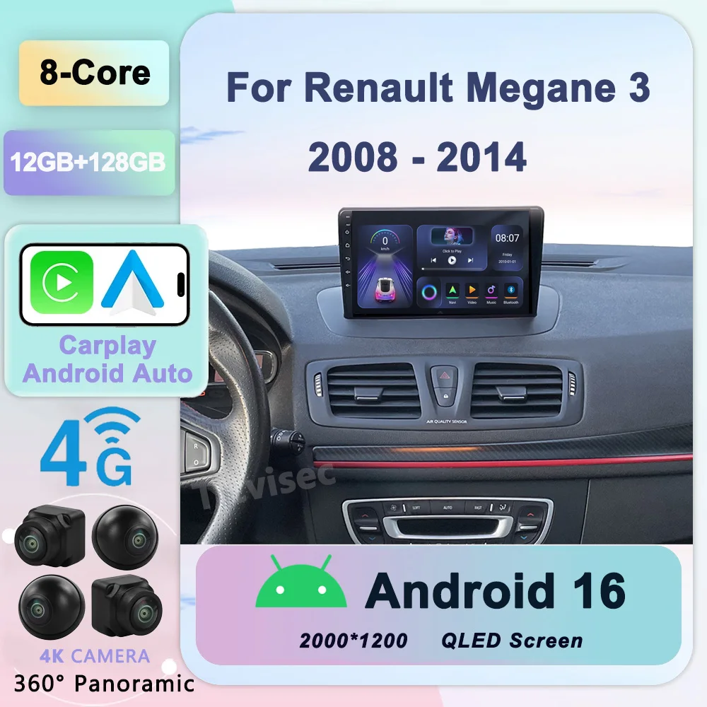

Android 16 Car Radio for Renault Megane 3 Fluence 2008-2014 Multimedia 2Din 4G WIFI GPS Navigation Carplay DVD Head Unit