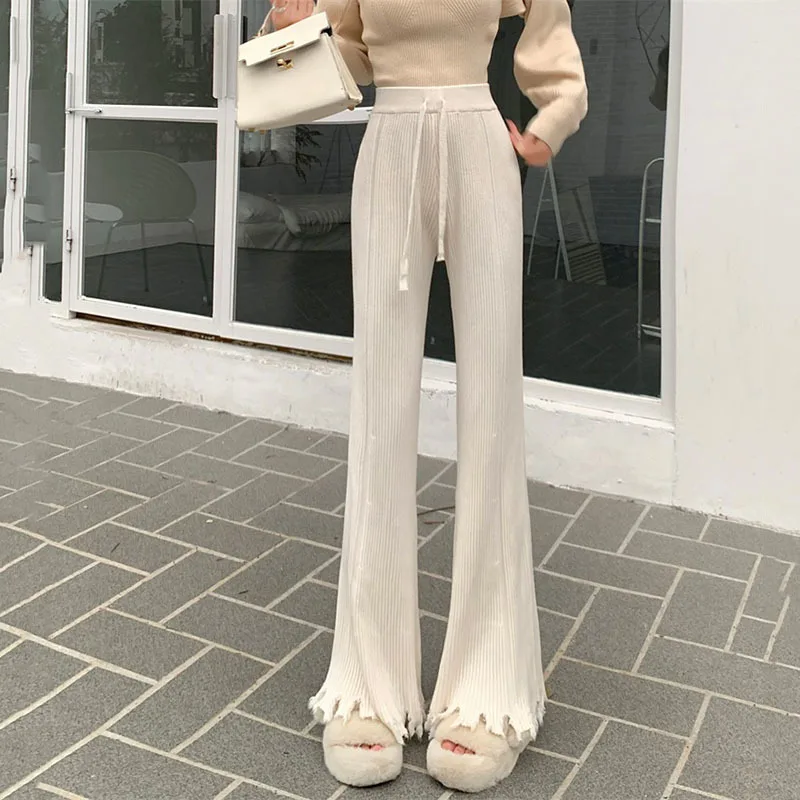 Tassel Korean Style Women Straight Knitted Pants  Bottoms Floor-length Trousers Causal Baggy High Waisted Drawstring Pants