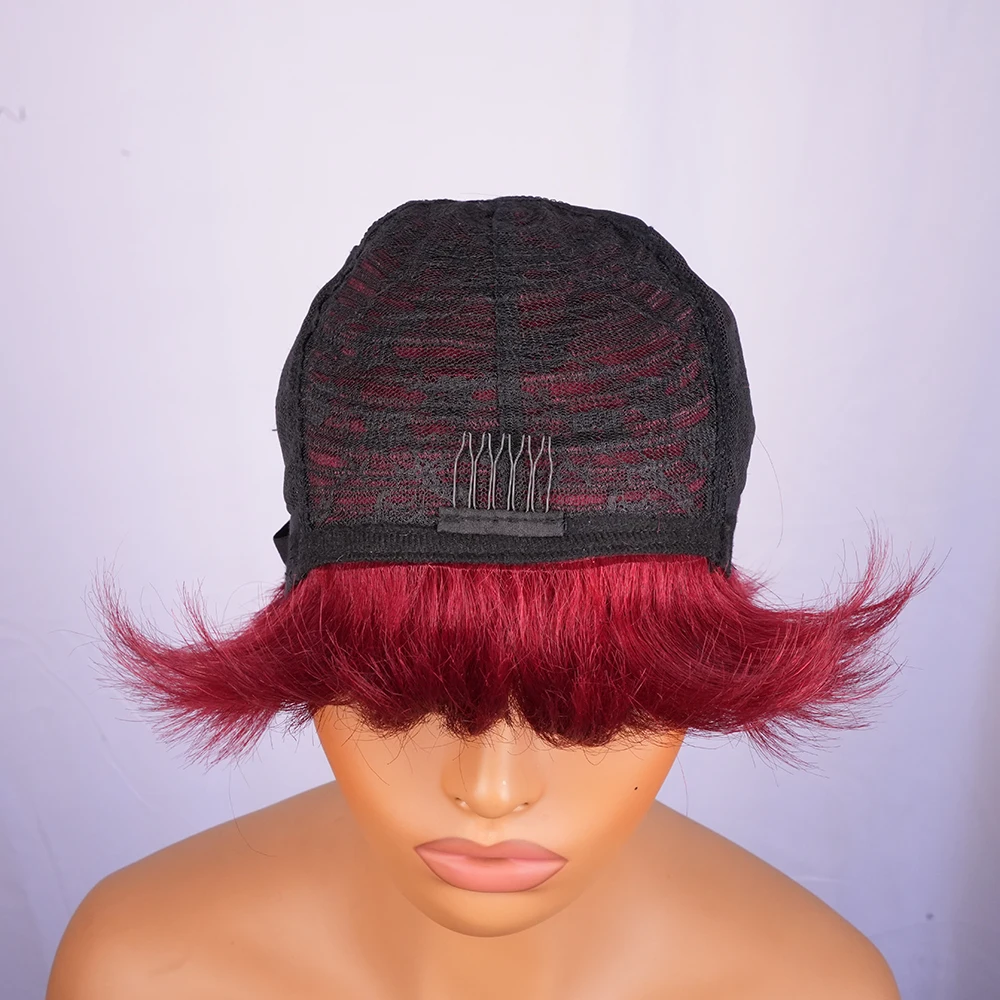 قصيرة اللون الأحمر مع الانفجارات الإنسان قصيرة عابث قطع شعر مستعار بورجوندي شعر طبيعي مفرود الباروكات البرازيلي آلة صنع عابث قطع شعر مستعار