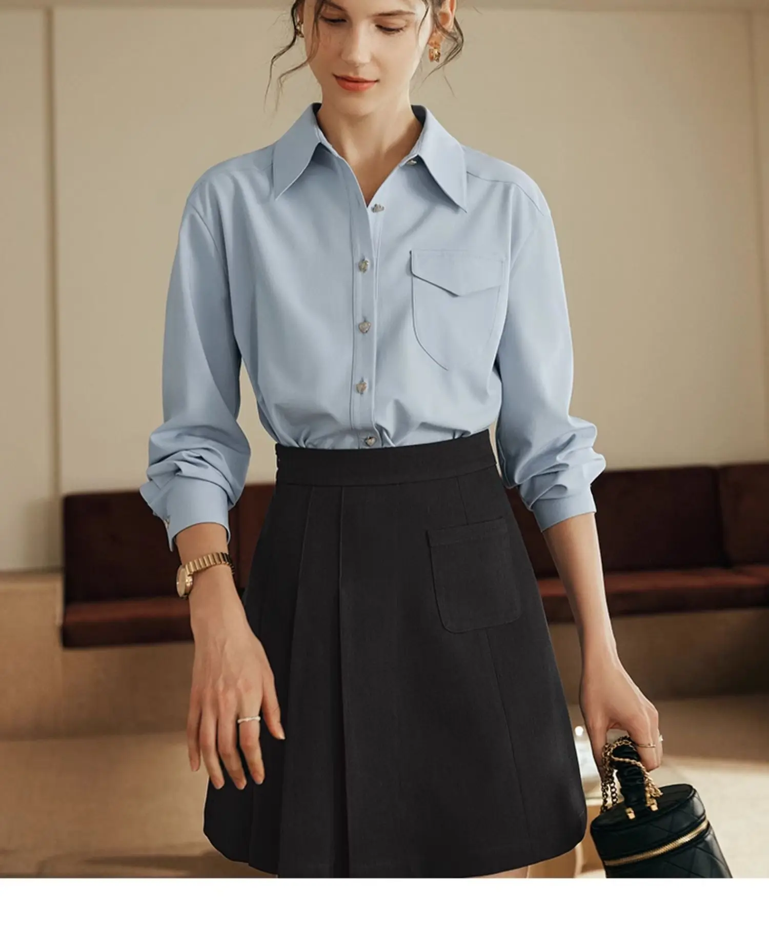 OLrain Women French POLO Neck Blue Shirts  2025 Heart Single Buttons Work Bussiness Wear Long Sleeve Ladies Blouses N56QC83011