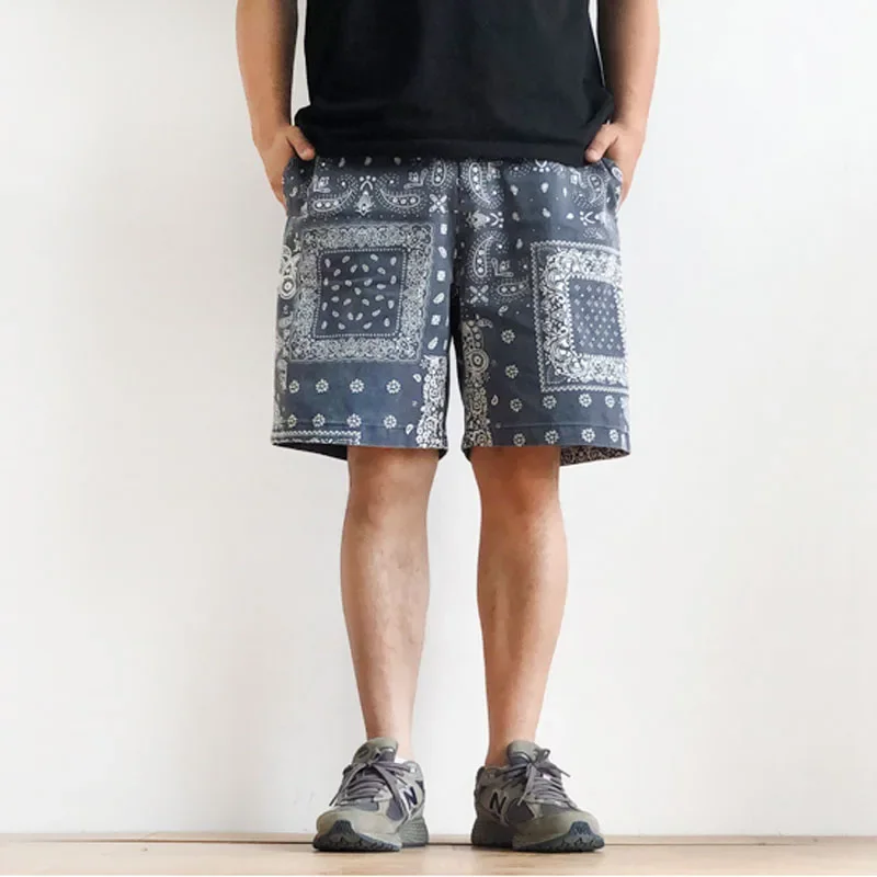 

Summer Japanese Men's Water Washed Carbon Gray Cashew Flower Loose Casual Five Piece Pants Beach Shorts Trend