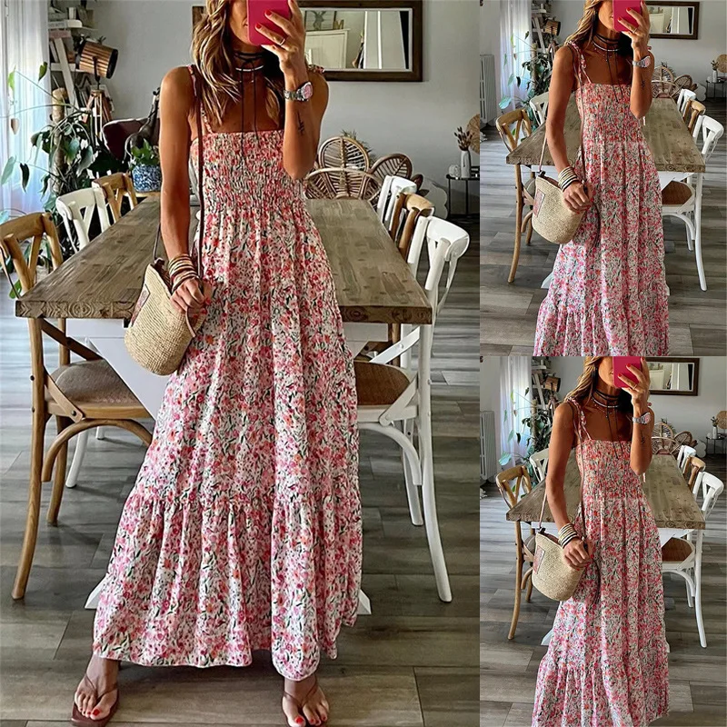 

Summer Fashion Sling Maxi Dress Loose Elegant Ruffle A-Line Dress Casual Floral Printed Women Backless Beach Dresses Midi Dress