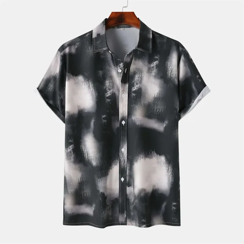 

Men's Clothing Summer Hawaiian Shirt Black Feather Print Short Sleeved Loose Fitting Street Clothing Men's Holiday Beach Shirt