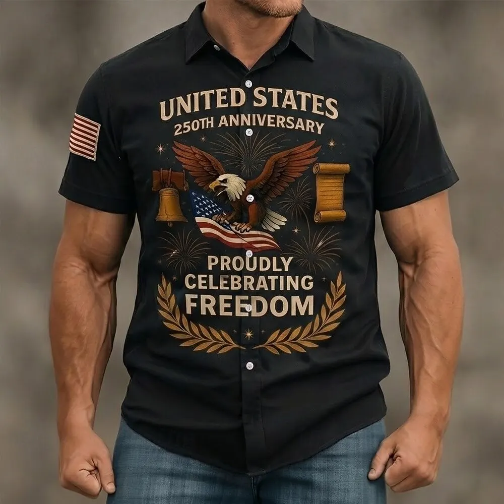 Men's Eagle Freedom America's 250th Anniversary Shirt Button Up Shirt Short Sleeve Patriotic Outdoor Holiday Summer Spring Shirt