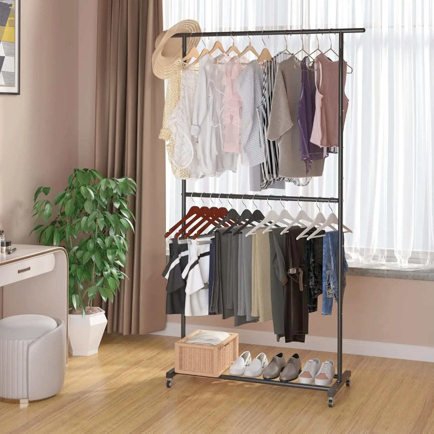 Double Rod Clothing Garment Rack, Rolling Clothes Organizer on Wheels for Hanging Clothes