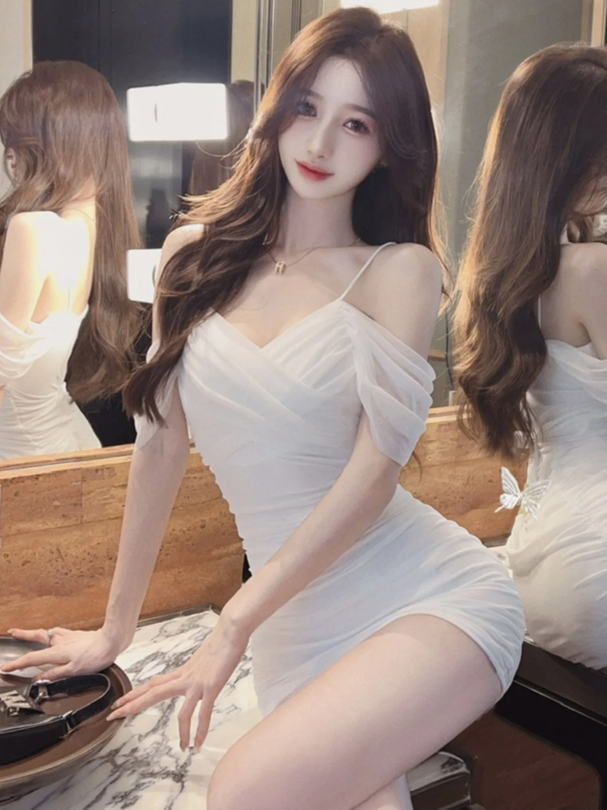 Sexy Mesh Splice Asymmetrical Strap Wrap around Short Skirt Gentle Elegant Backless Slimming Pleated Dress French Style High ...