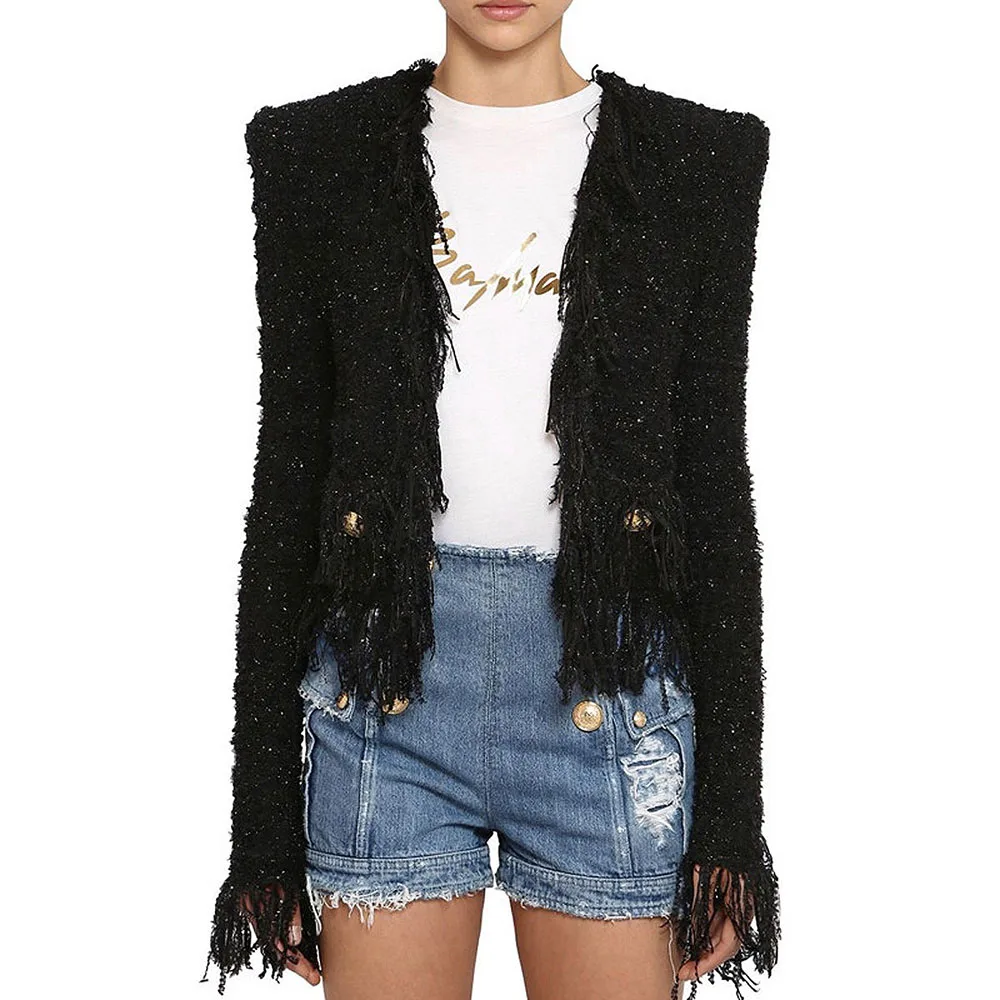 

High Quality New Fashion Fringed Office Ladies Tweed Fabric Gold Double Row Button Slim Casual Commuter Woman Outerwear Coat