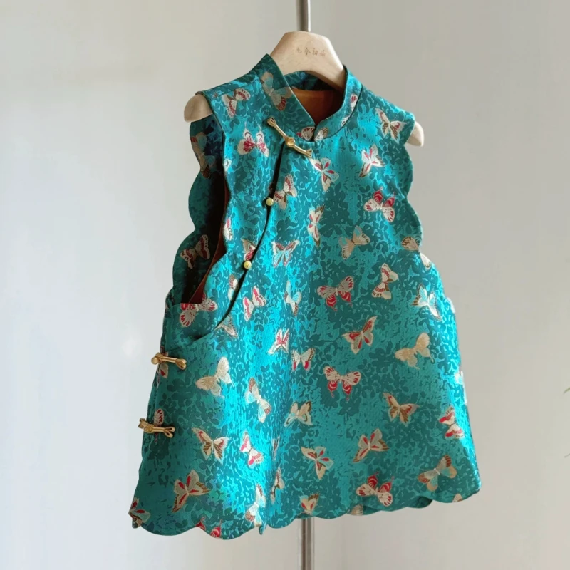 2026 Spring Summer Women Sleeveless Ruffles Chinese Style Butterfly Pattern Green Vest Coat , Woman Vintage Vests Coats