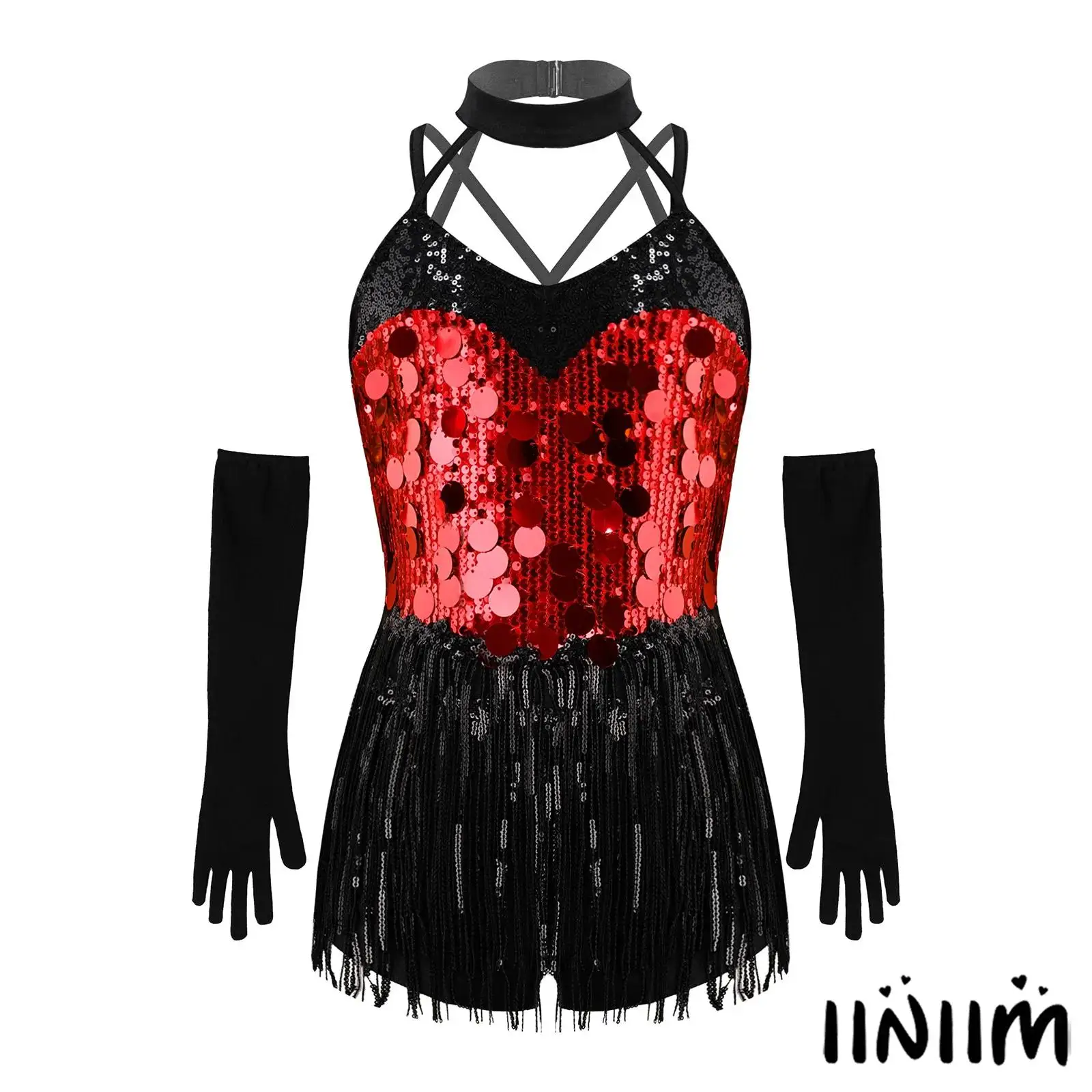 

Jazz Latin Samba Rumba Salsa Dance Costume for Girls Sequins Halter Ballet Leotard Tassel Skirts with Gloves Modern Dance Outfit