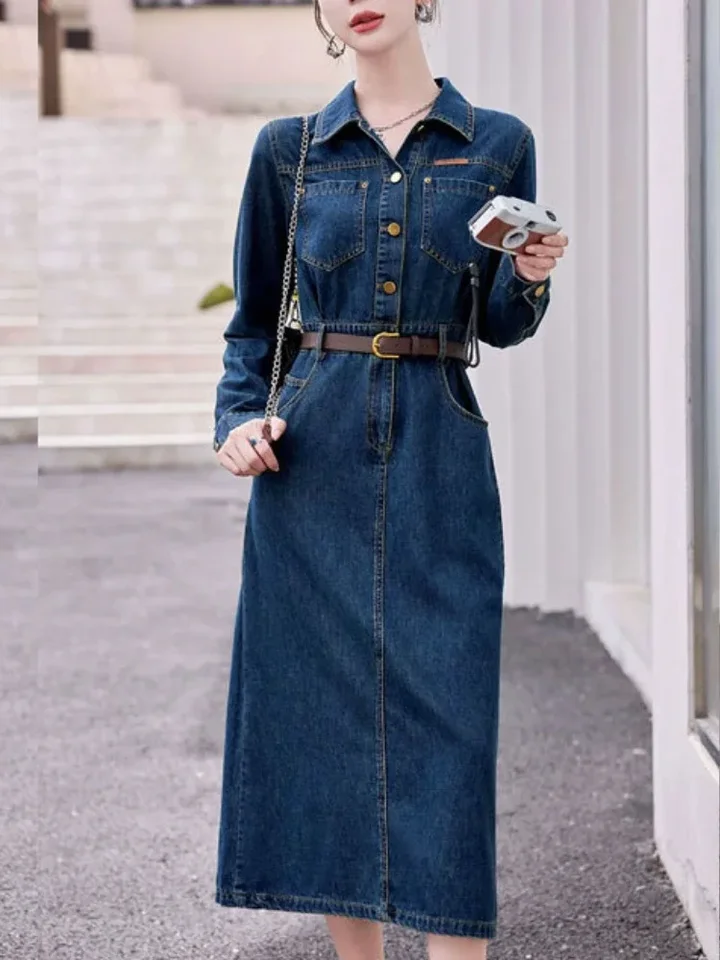 chinese dress ladies Long Sleeve Button Down Petite Denim Dress PM / Mid Blue Denim