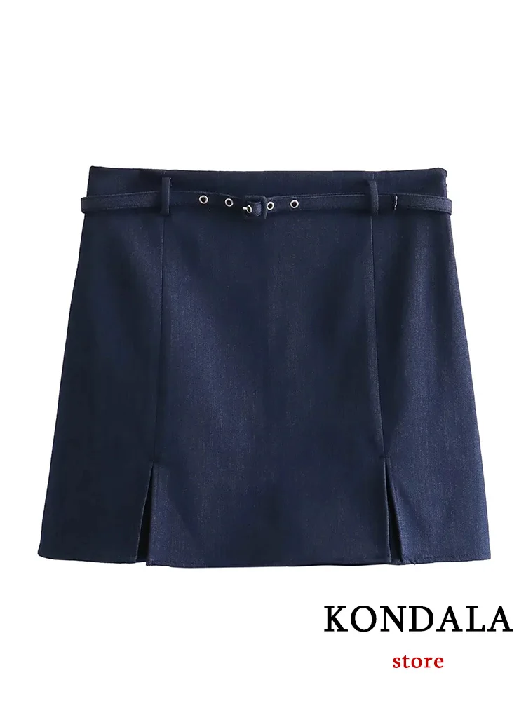 KONDALA Vintage Casual Chic Women Shorts Skirt Blue Solid Belt Zipper Shorts Skirt Fashion 2023 Autumn Elegant Holiday Shorts