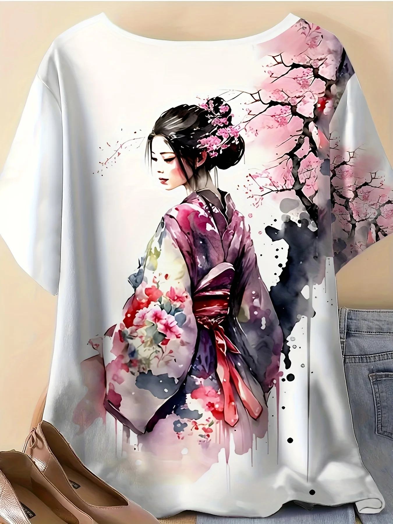 Women Short Sleeve T‑Shirt Watercolor Geisha Cherry Blossom Ink Painting Art Print Round Neck Loose Casual Summer Daily Tops
