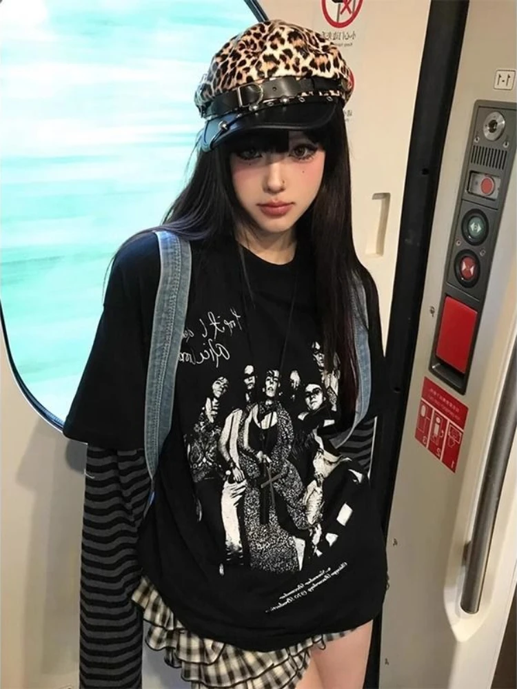 

Deeptown Y2k Black Letter Graphic Women Fake Two Piece T-Shirts Grunge Triped Long Sleeve Japanese 2000s Style Tees Gothic Punk