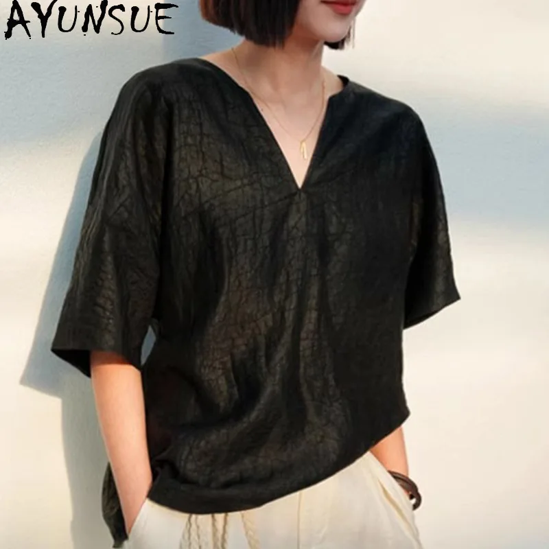 AYUNSUE 100% Mulberry Silk Women T Shirts Short Sleeve Black Tops for Woman Elegant V-neck Summer Clothes for Woman Топ Женский