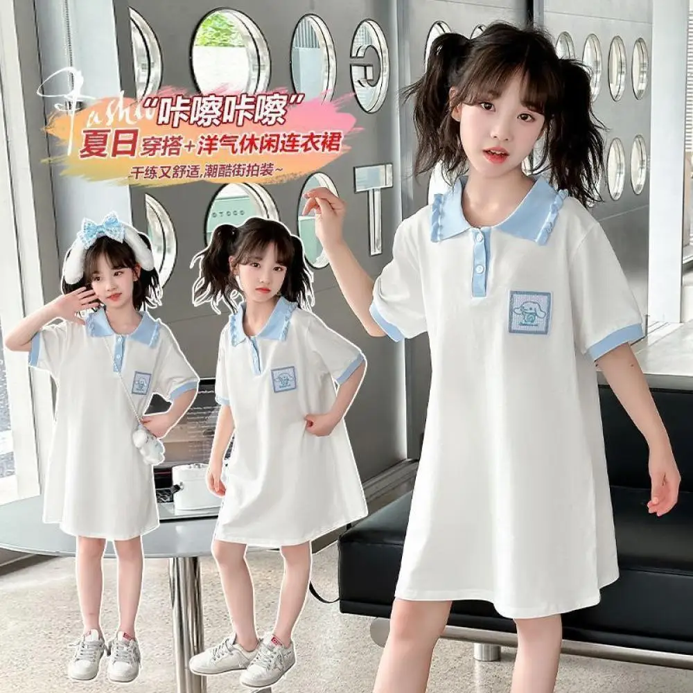 

Новое платье-поло принцессы Sanrio для девочек, летняя короткая юбка в студенческом стиле с героями мультфильмов, милые топы с короткими рукавами, детское платье Kawaii