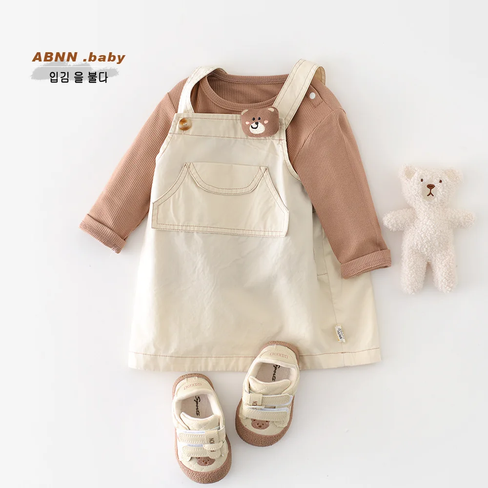 2026 Spring New Baby Long Sleeve Clothes Set Girls Solid Bottoming Shirts + Cute Strap Dress 2pcs Suit Toddler Casual Outfits