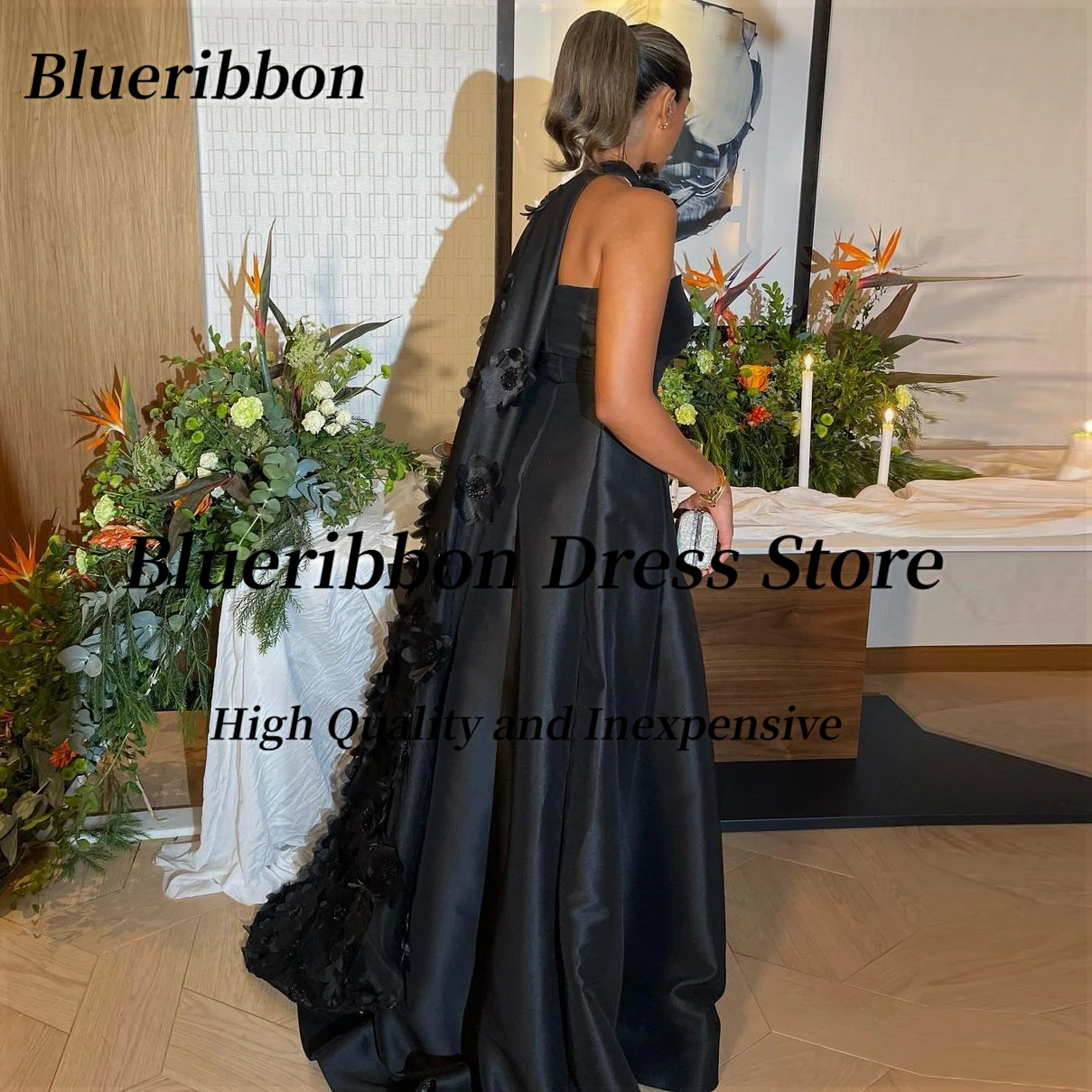 Blueribbon Women's Evening Dress Strapless Zipper Back Prom Dresses with Handmade Flowers Wraps Formal Occasion Party Gowns