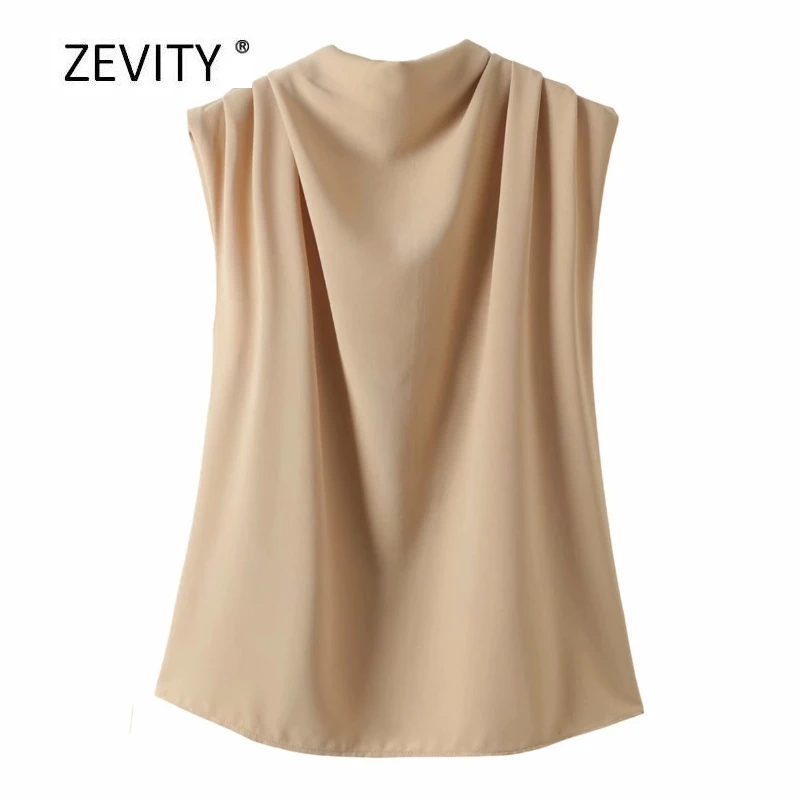 New women fashion solid color stand collar pleats sleeveless smock shirt ladies office blouses chic roupas femininas tops LS6913