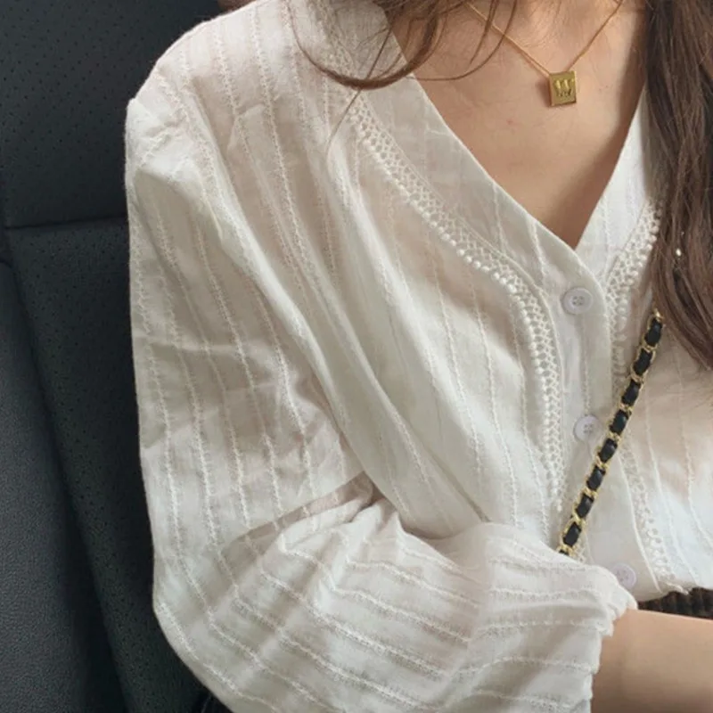 Solid Shirts Women Korean Fashion Clothing Retro Long Sleeve Basic V-neck Leisure All-match Simple Graceful Gentle Spring Thin