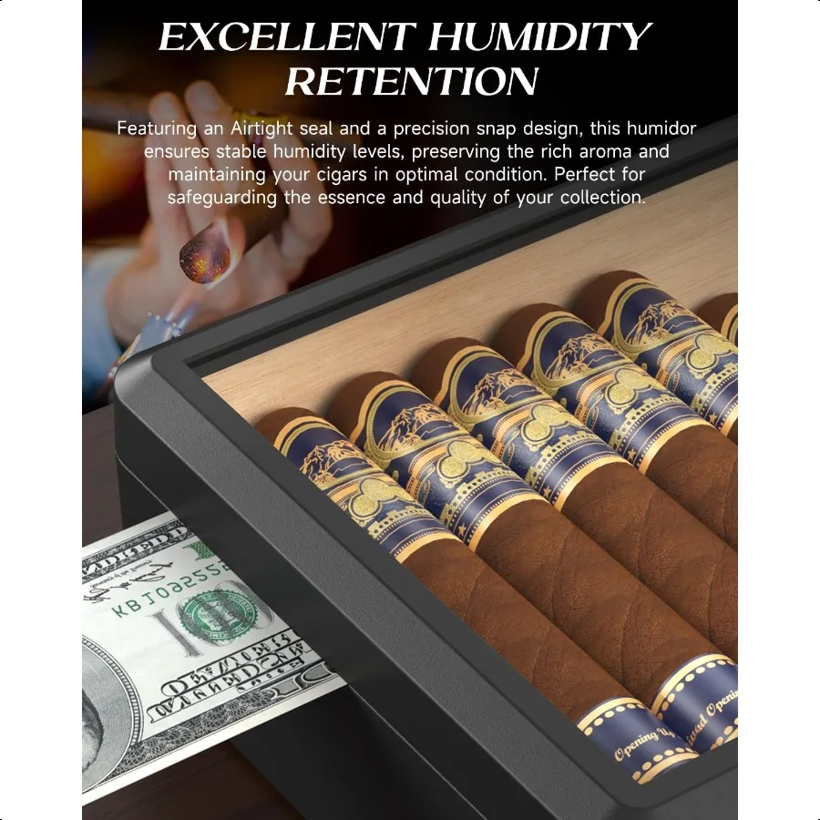 Kotak Cerutu Humidor Kaca Penuh dengan Humidifier dan Hygrometer, Anti Jatuh dan Anti Remuk, Lapisan Kayu Cedar untuk Penyimpanan