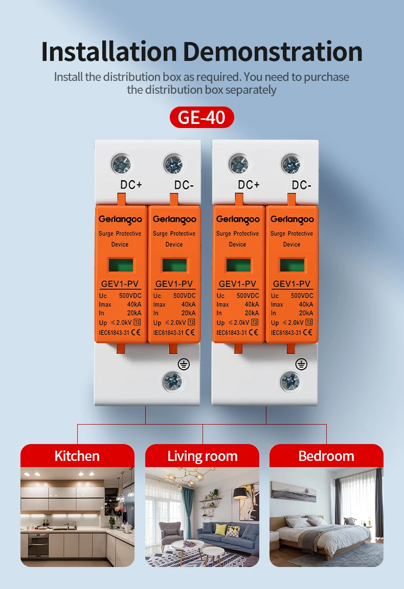 Gerlangoo SPD 2P DC 500V 600V 800V 1000V 10KA~20KA 20KA~40KA Überspannungsschutzgerät Niederspannungs-Ableitergerät – Detail 5