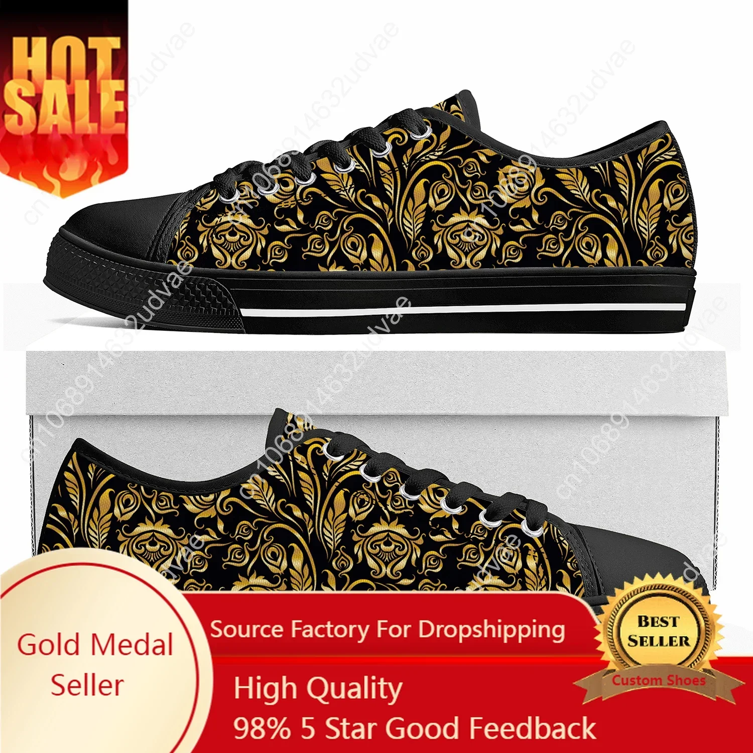 Luxe Gouden Bloemenprints Lage Top Sneakers Heren Dames Tiener Canvas Hoge Kwaliteit Sneaker Barok Europese Schoenen Custom Schoen