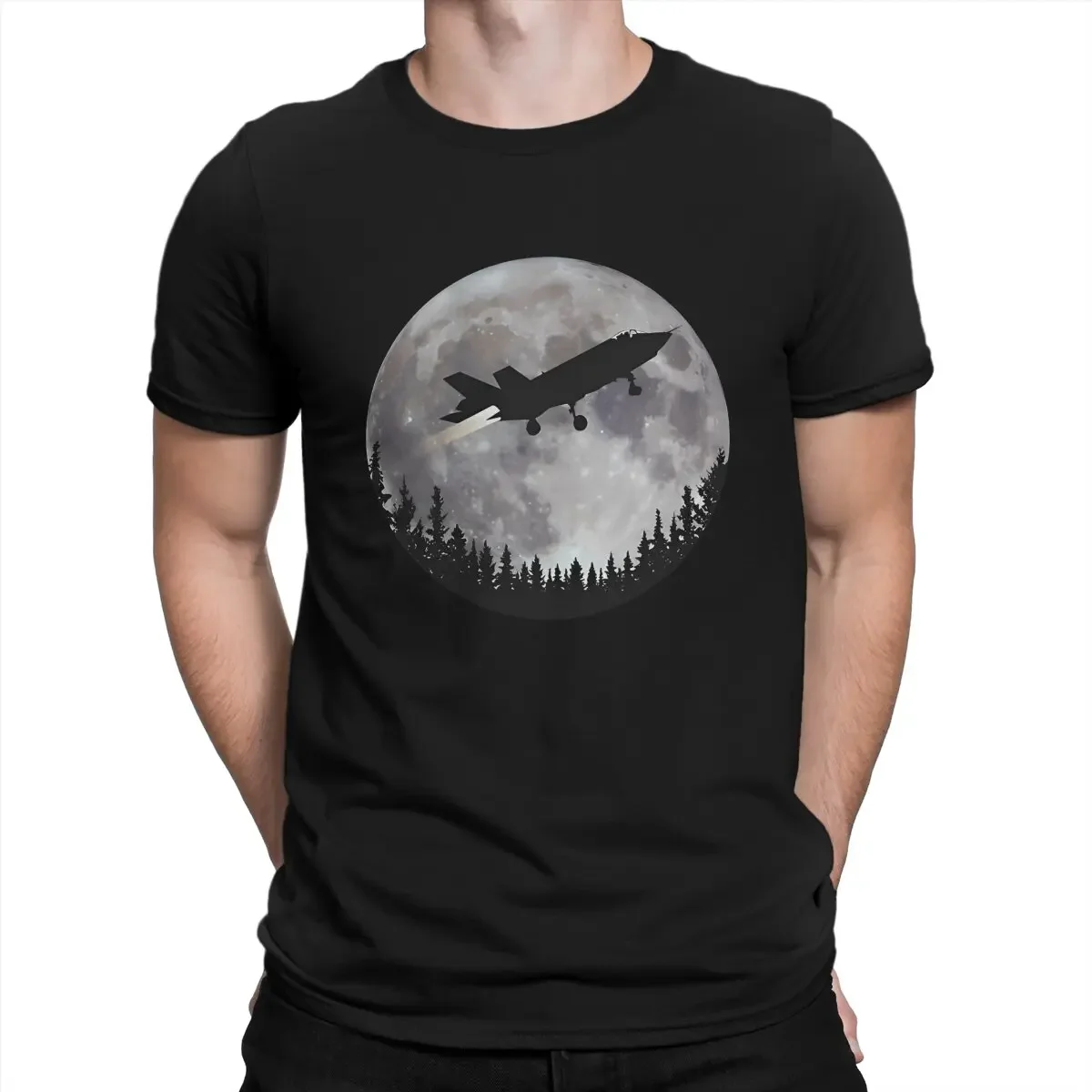 Takeoff In Front Of Super Moon Man's TShirt F35 Crewneck Tops Fabric T Shirt Humor High Quality Birthday Gifts