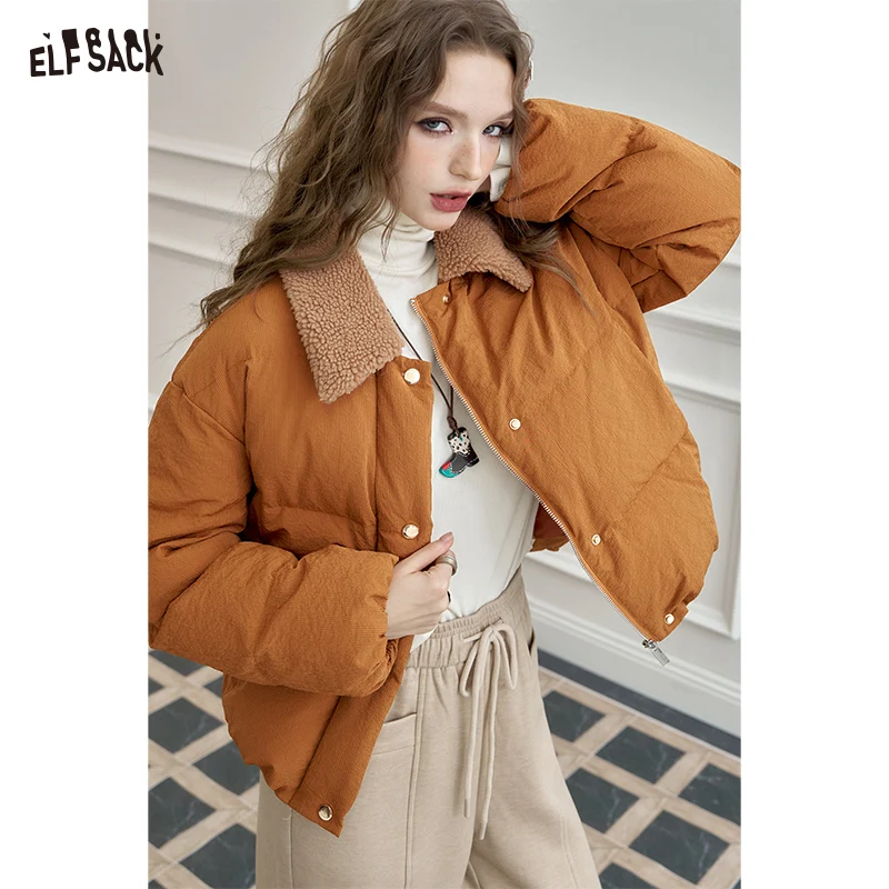 ELFSACK 2024 Winter New Arrivals Mao collar splicing casual versatile short down jacket for women