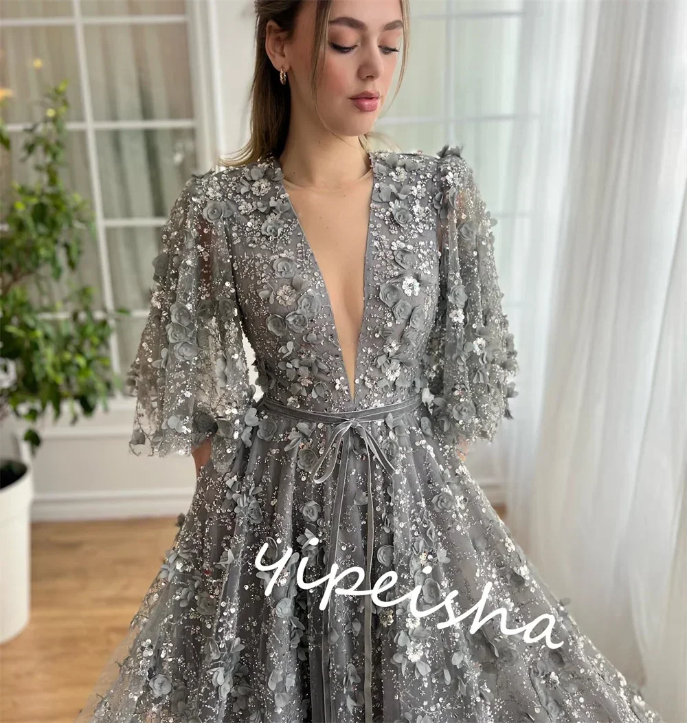 Personalizado de alta calidad brillo exquisito tul rebordear apliques vestido de fiesta de celebridades con cuello en V vestido de ocasión a medida