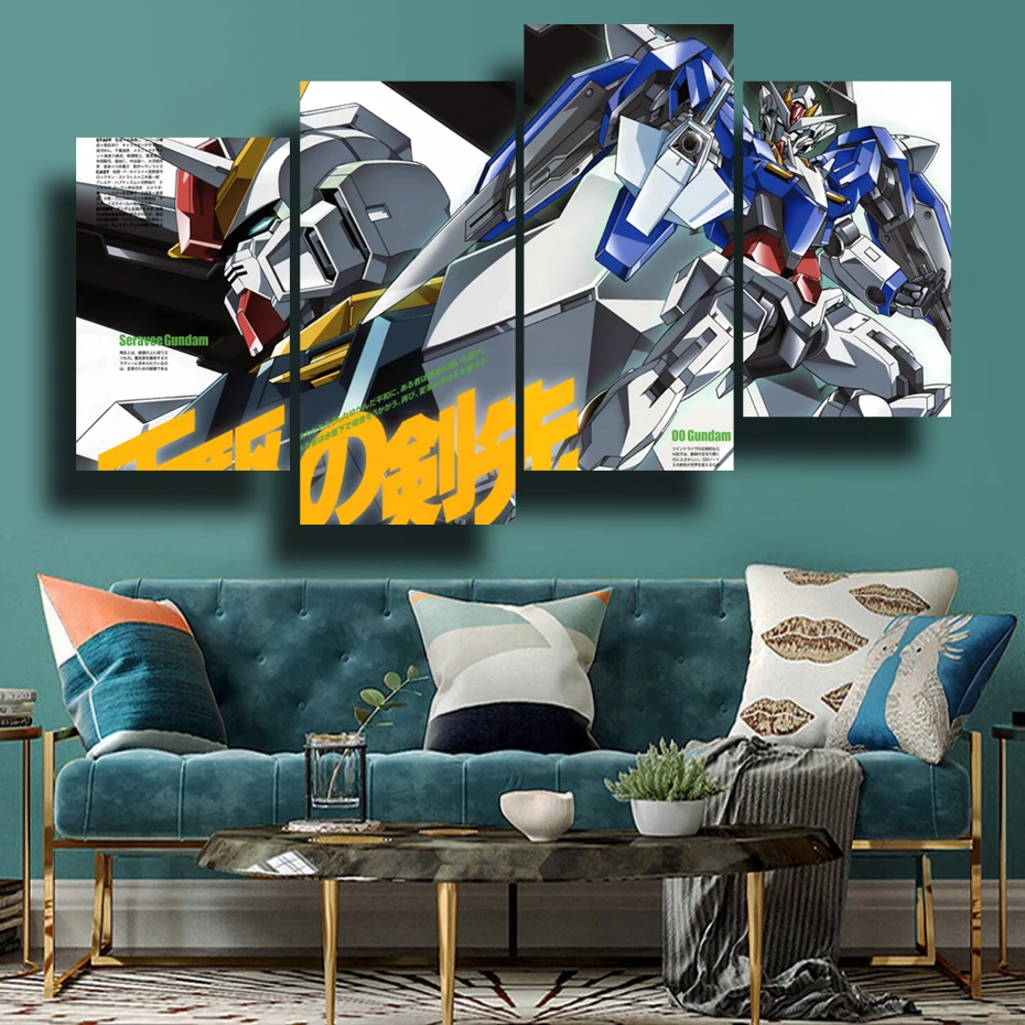 Japanese Classic Anime Mecha Warrior Gundam Retro Canvas Painting 4 Pieces Poster Wall Art  Printing Children's Room  Home De