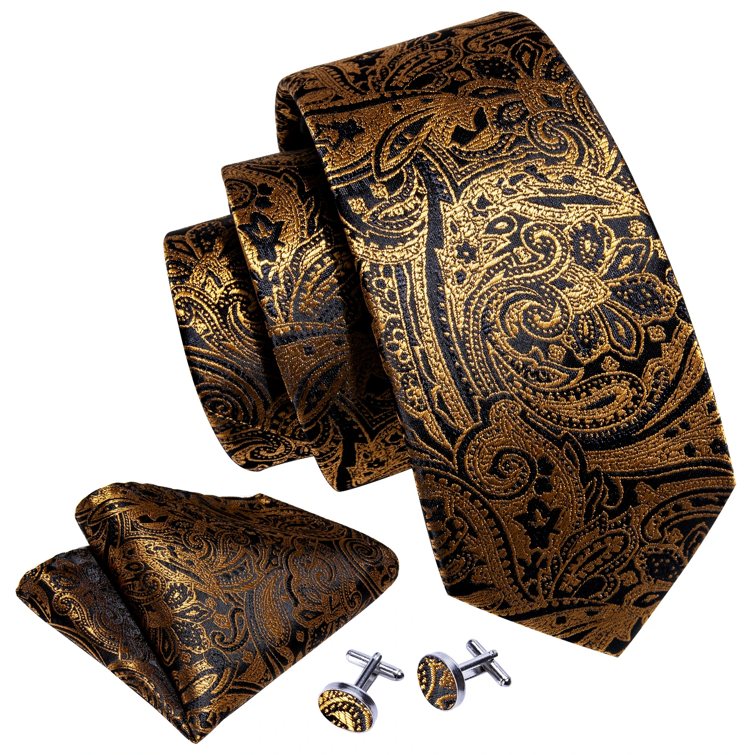Corbata de diseñador para hombre, corbata de Jacquard, conjunto de gemelos cuadrados de bolsillo, Floral negro dorado para hombre, regalo de fiesta de negocios de boda