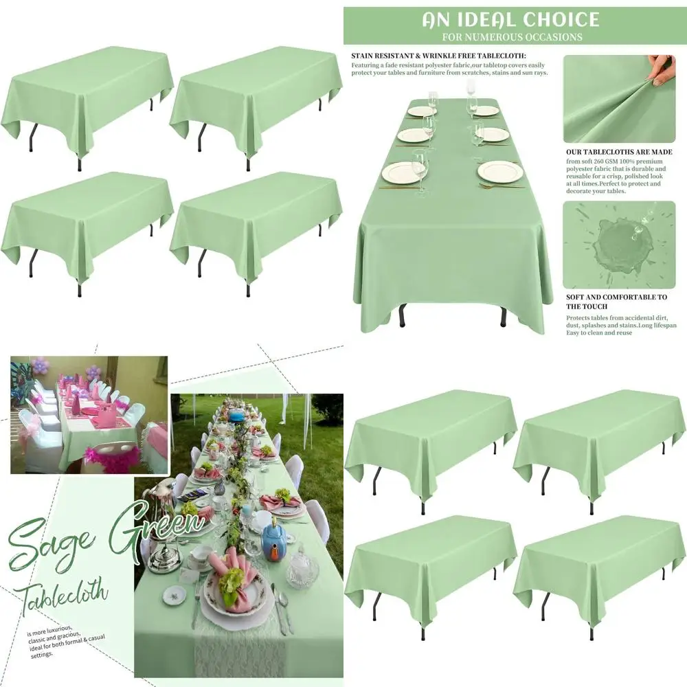 

60 x 126 Inch Sage Green Rectangular Tablecloth, Wrinkle & Stain Resistant, Ideal for 6ft & 8ft Tables, Suitable for Weddings, B