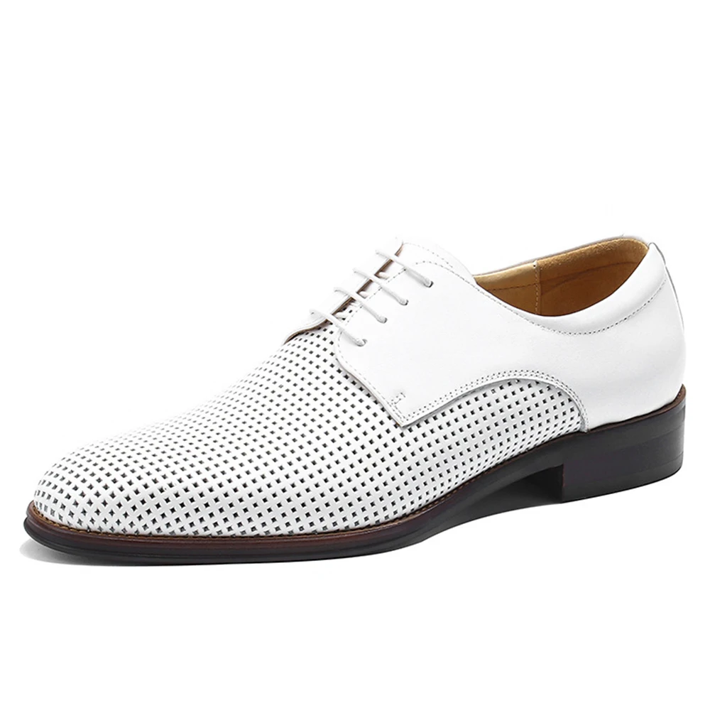 White Hollow Soft Sole Soft Surface Genuine Leather Oxford Shoes Men's Mesh Breathable Shallow Lace-Up Casual Leather Shoes
