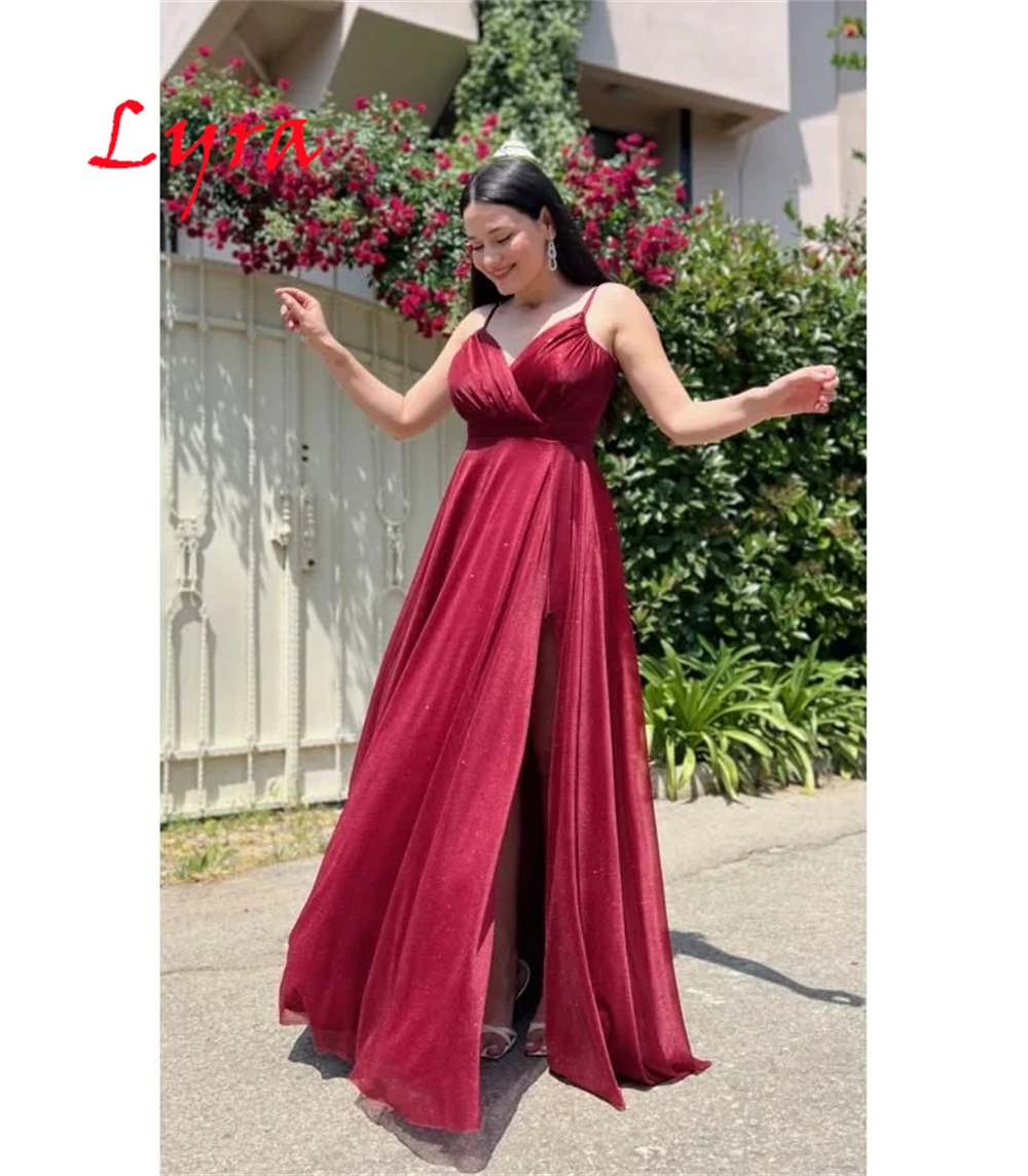 تخصيص رشيقة عنابي الخامس الرقبة بلا أكمام فستان سهرة مثير السباغيتي الأشرطة تول فساتين لحضور الحفلات الموسيقية رداء حفلات حساسة