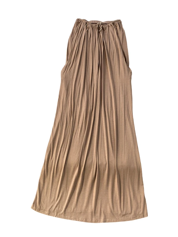 Brązowa dzianinowa spódnica damska jesienno-zimowa wyszczuplająca plisowana spódnica z wysokim stanem, metalowym zdobieniem, długa spódnica w kształcie litery A.