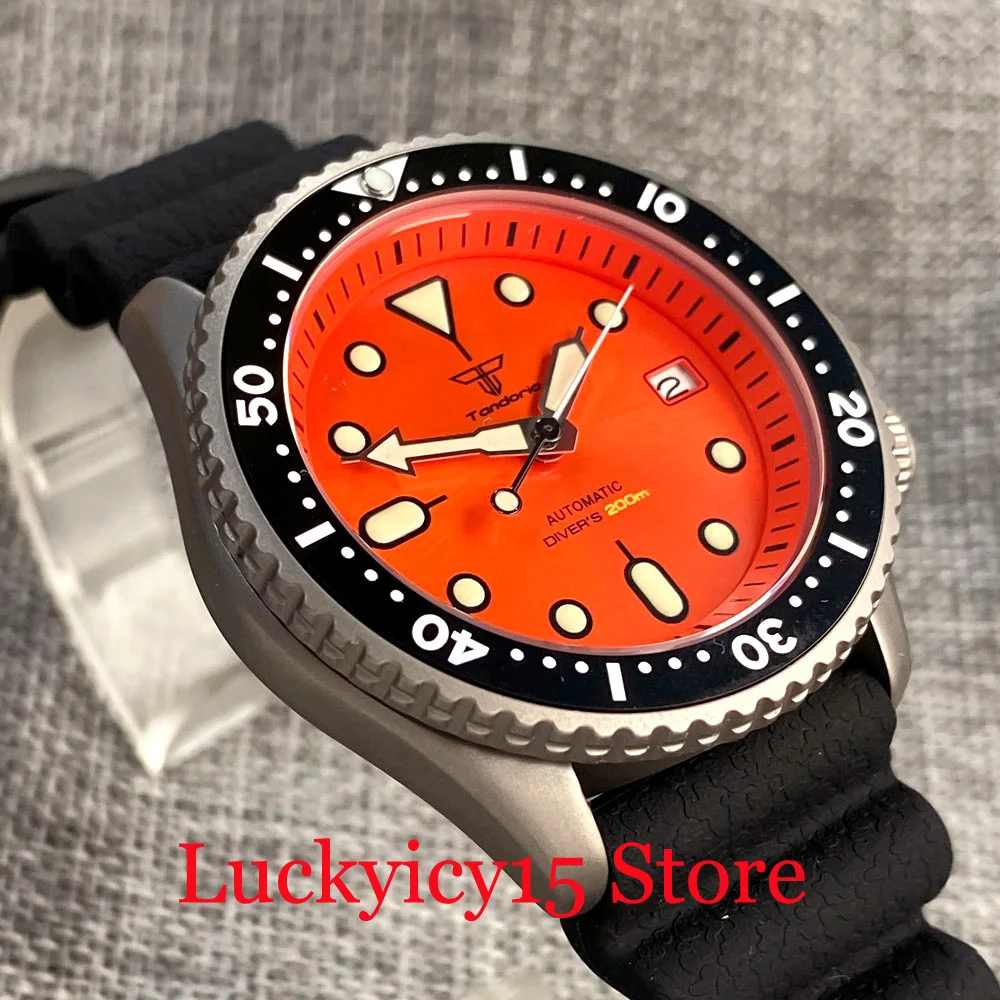 Tandorio 41MM Titanium Watch Diver 200M Waterproof NH35A Automatic Men Watch Orange Dial Luminous Sapphire Glass Rubber Strap