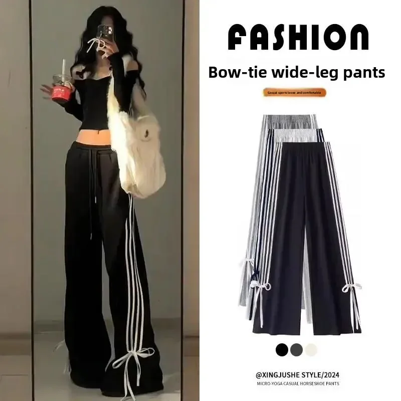 Uitgebreide maat 18-30 damesbroek: Y2K gestreepte broek met strikriem, oversized rechte pijpen, comfortabele studentenjoggingbroek 2025