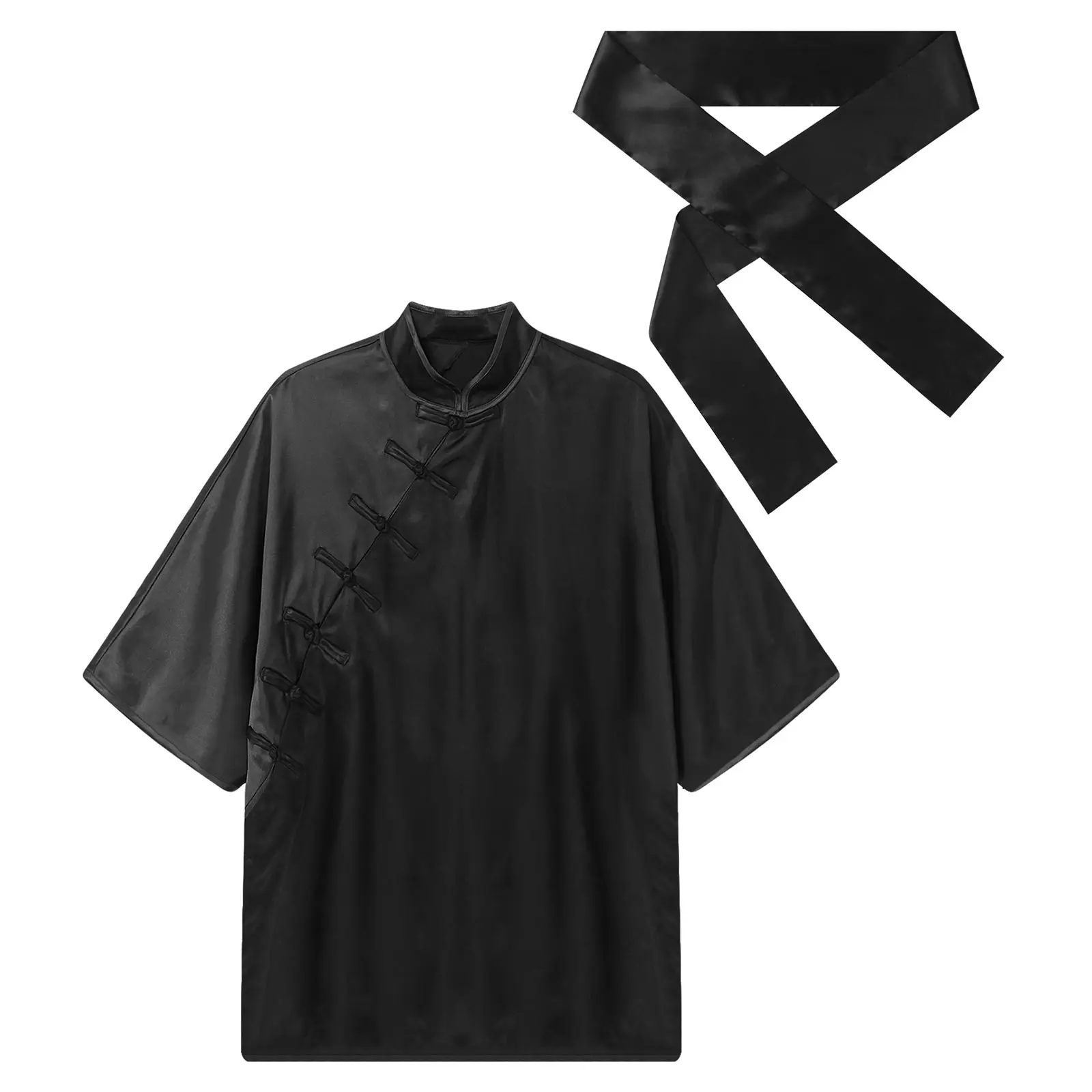 

Men Festival Kung Fu Tai Chi Training Workout Top with Belt Satiny Martial Arts Wushu Competition Performance Workout Costume