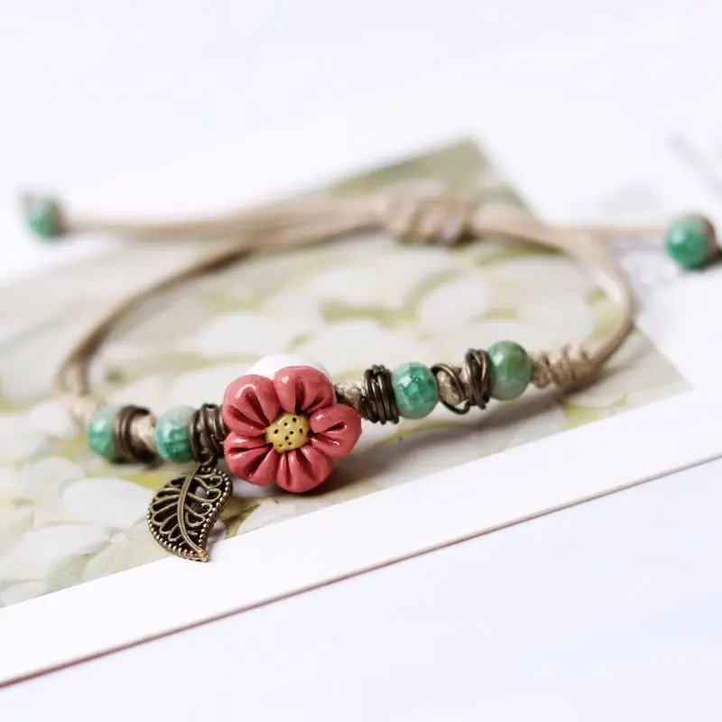 Fashion Ceramic Handmade Weave Adjustable Bracleets for Women &men Mini Flower /leaves Bead Bracelet