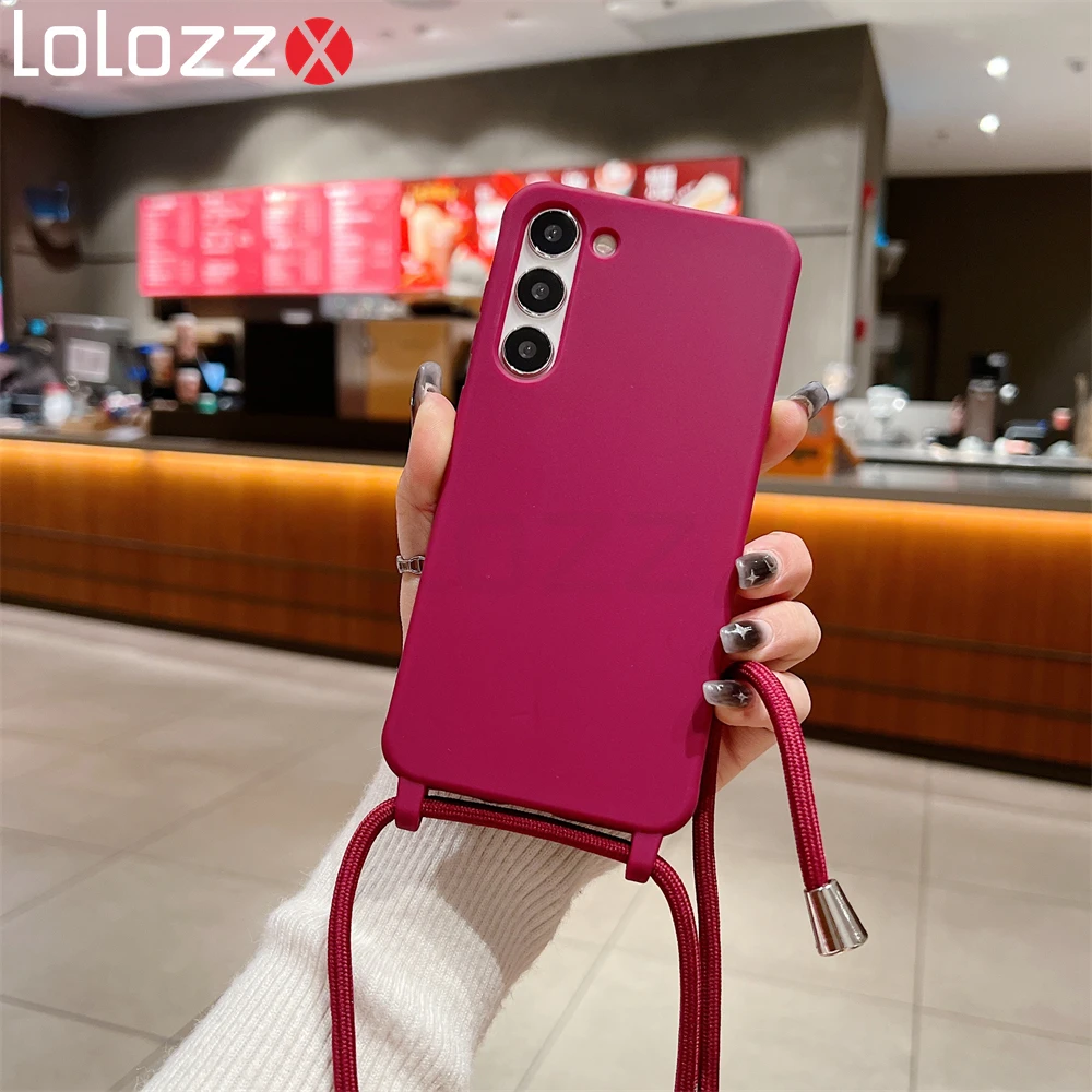 Funda de silicona suave mate para Samsung, carcasa de lujo con correa de cordón para collar cruzado, S24, S23 Ultra, S22 Plus, S21, S20 FE, S11, S10, S9, S8