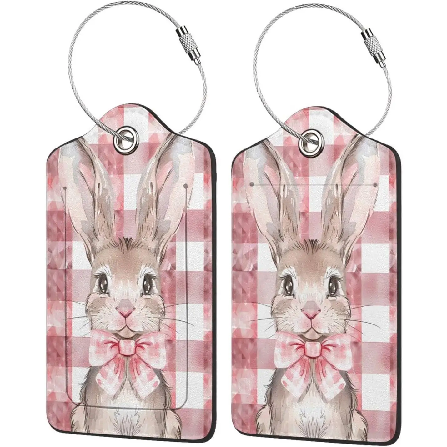 

Luggage Tag for Suitcases Pink Plaid Easter Bunny Rabbit 2 Pack PU Leather Suitcase Tag with Steel Loop Privacy Cover ID