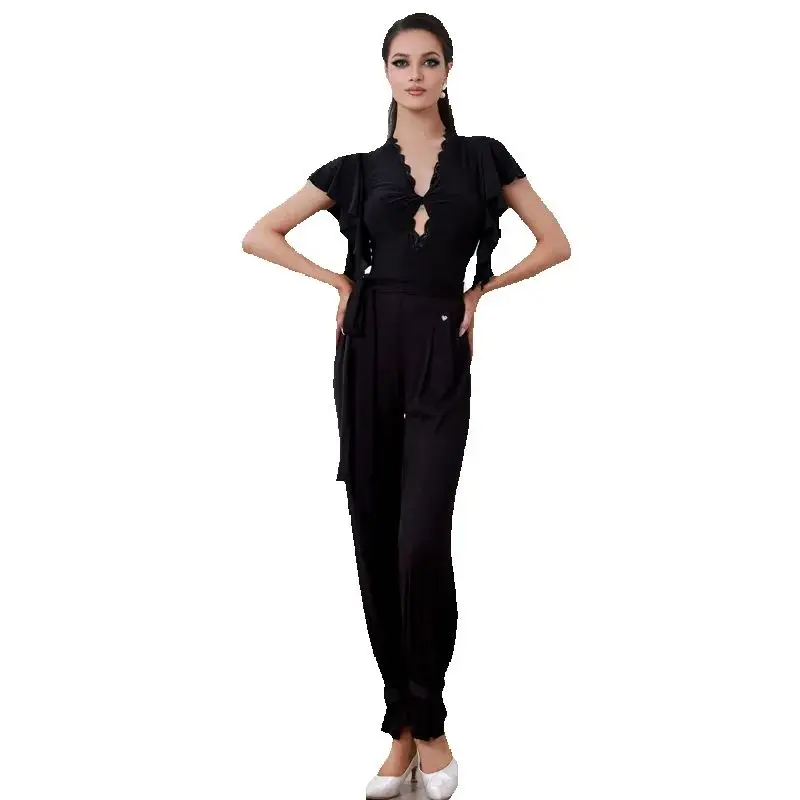 الفالس قاعة الرقص المنافسة الملابس للنساء تكدرت الأكمام اللاتينية أعلى السراويل الرقص الحديثة السيدات المرحلة ارتداء SL13559 #6