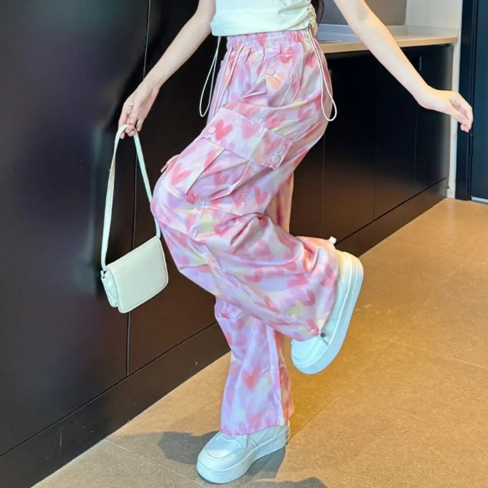 موضة متعددة جيوب السراويل البضائع الفضفاضة ركض بنطلون Y2k بنطال ذو قصة أرجل واسعة الهيب هوب الرباط القلب الطباعة السراويل فتاة الرياضة