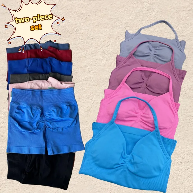 

2025 2 шт. спортивный костюм для йоги, спортивная одежда, женский жилет с воротником, бюстгальтер для йоги, топ, спортивные шорты с высокой талией, летний спортивный костюм