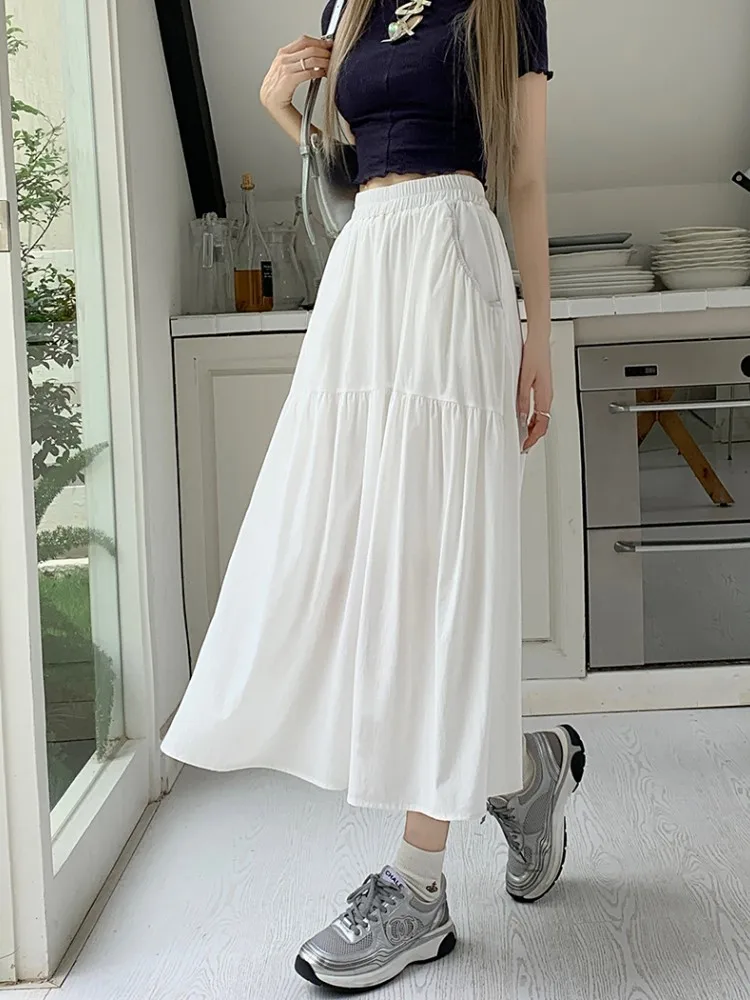 

SML 2Colors Women Ball Grown Cake Long Skirts Summer 2023 Korean Style High Waist A Line Pleated Long Skirts Female (L7119