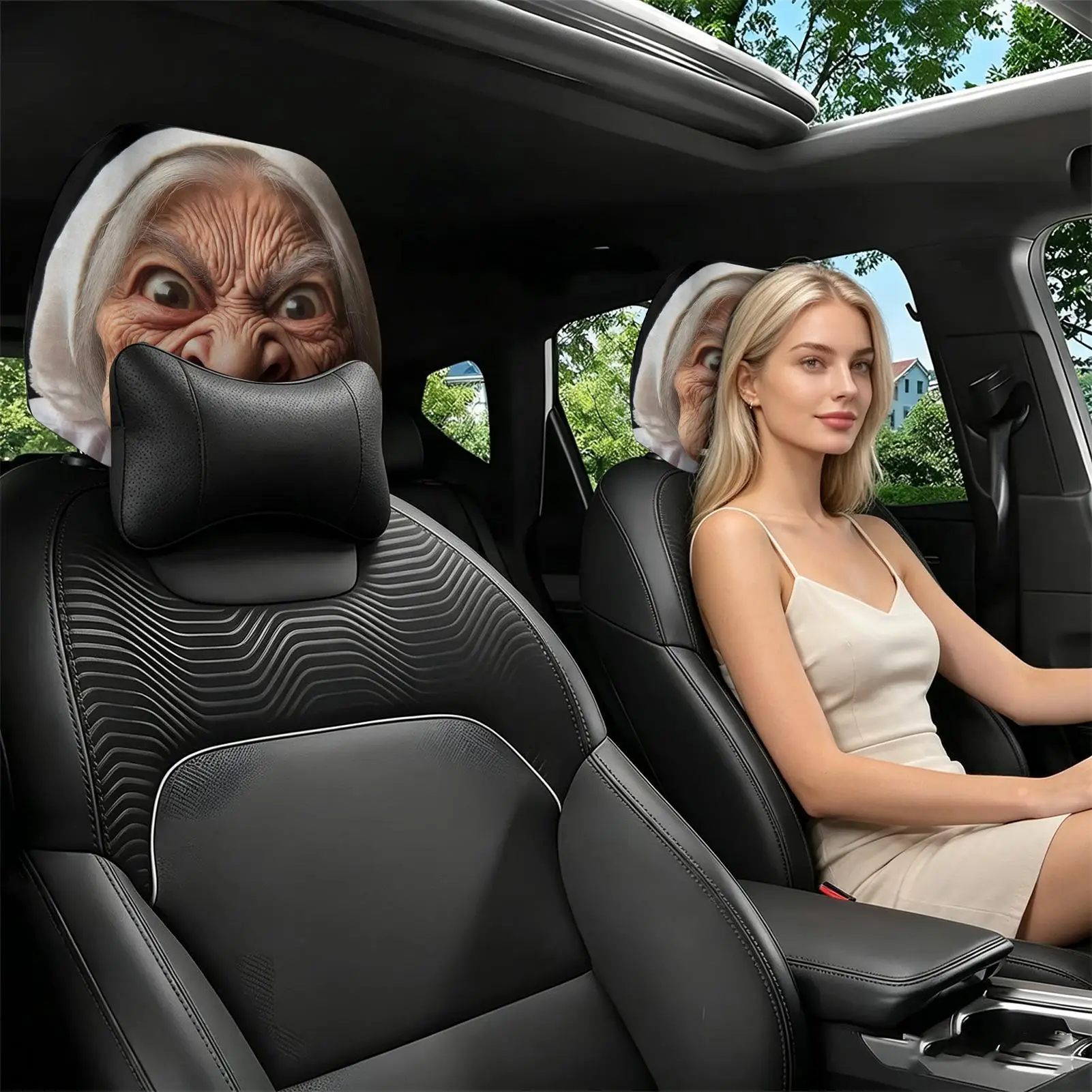 Universal Funny Old Lady Face Printed Car Headrest Cover 2Pcs Elastic Washable Auto Head Protector Fashion Car Decor for Daily