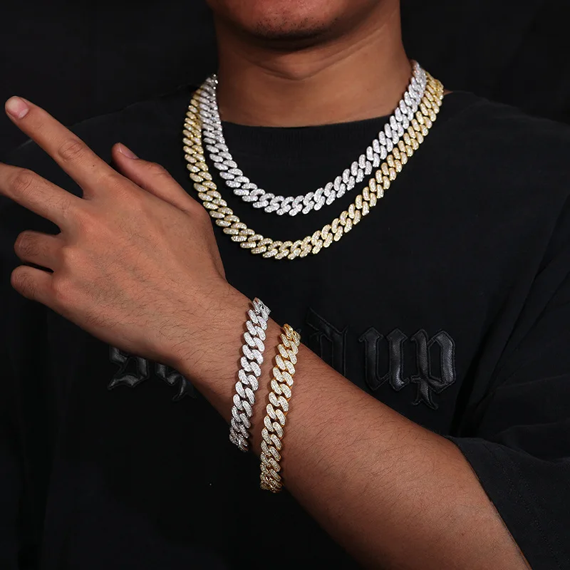 

Hip Hop 2 Rows CZ Stone Paved Bling Iced Out Solid Round Cuban Miami Link Chain Necklaces for Men Rapper Jewelry Gold Color