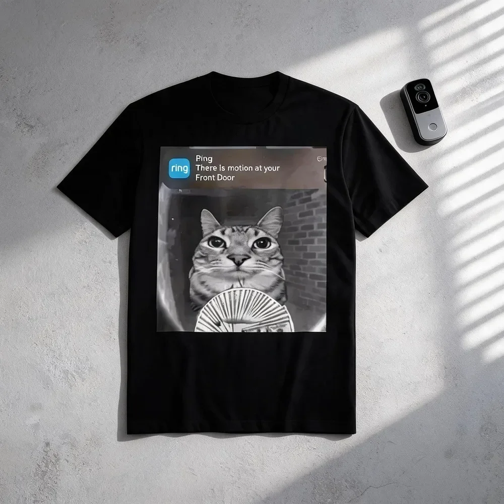 Ring Doorbell Cat Meme Graphic T‑Shirt Viral Internet Security Camera Cat Print Unisex Cotton Streetwear Short Sleeve Tops for Men Women Funny Pet Humor Cat Lover Gift