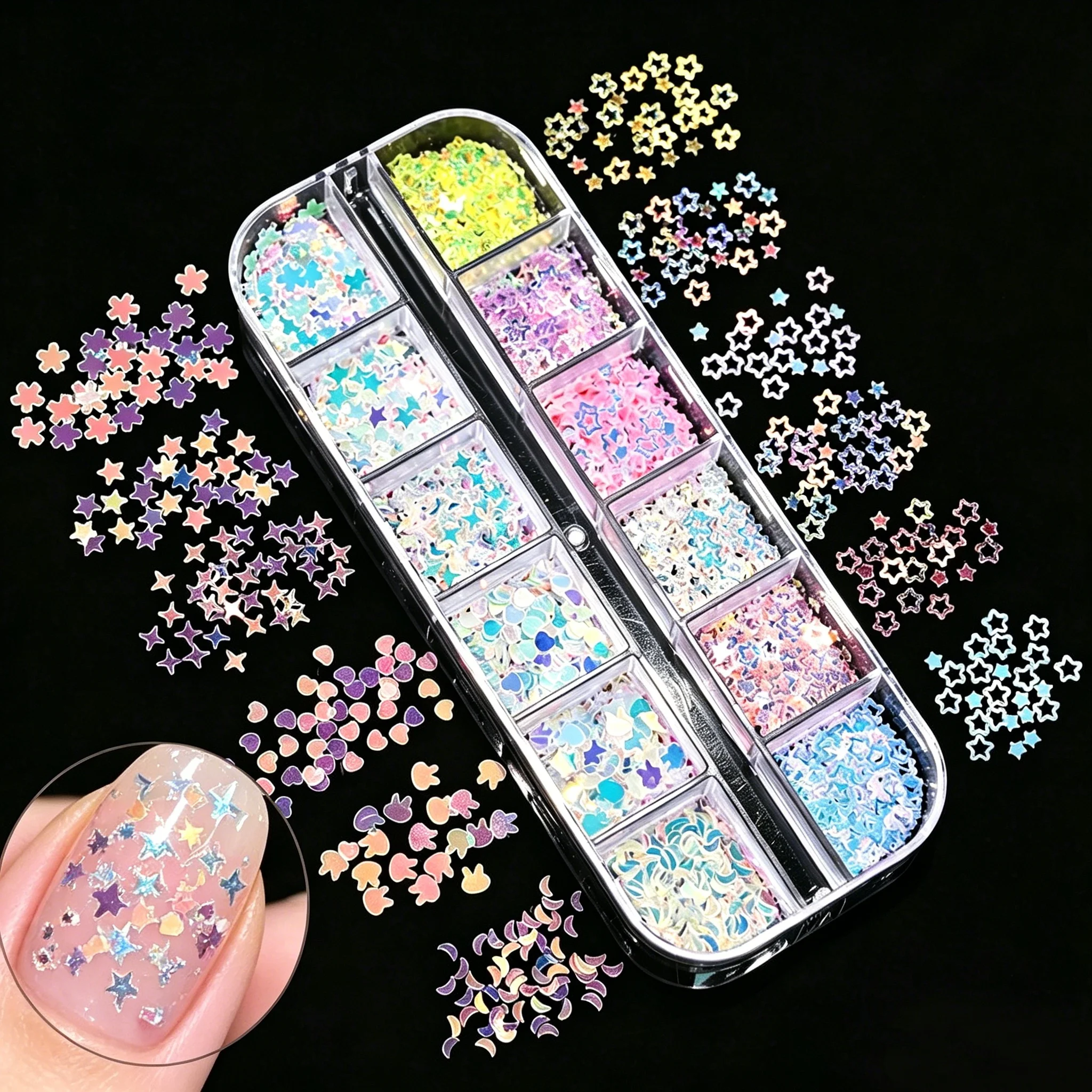 1Box Holographic Star Nail Art Glitter Sequins Iridescent Star & Heart Nail Flakes Shiny Manicure Decorations for DIY Nail Art *