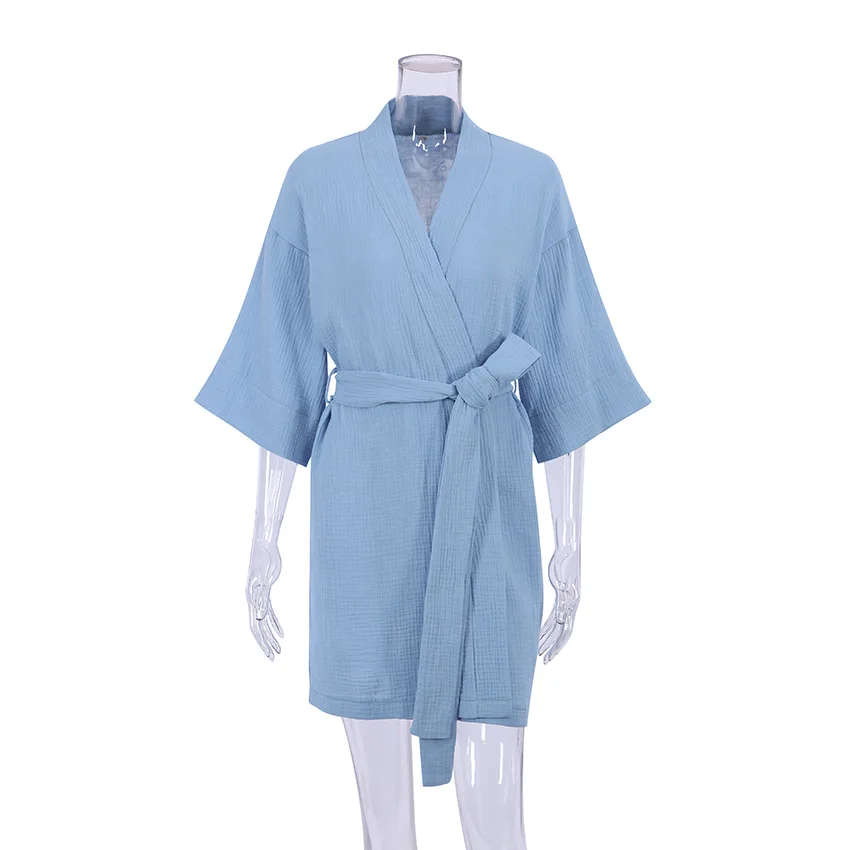 Crape Cotton Robe Women\'s Nightwear Mini Bathrobes Lace Up Sleepwear Muslin Women\'S Home Clothes Solid Color Robes Women Nightie